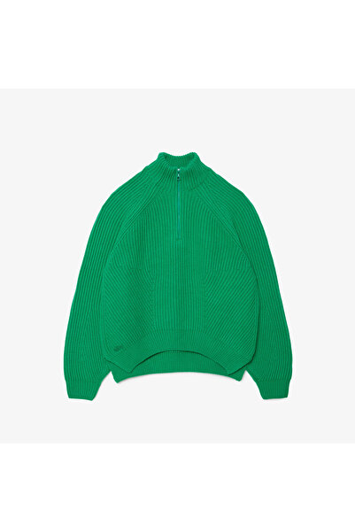 Lacoste Kadın Relaxed Fit Fermuarlı Yün Yeşil Kazak