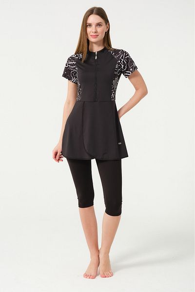 İYİBU Women's Black Short Sleeve Semi Covered Swimsuit 4-Piece Set – Water Repellent Flexible