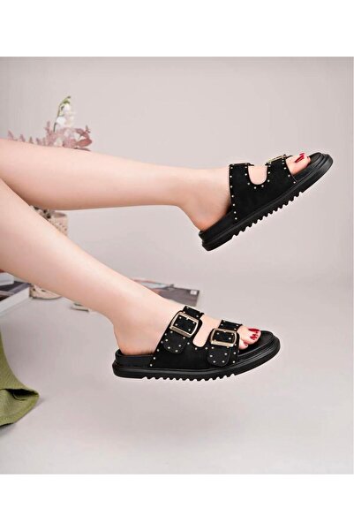 Raynok Women's Suede Double Striped Tropical Comfortable Orthopedic Sole Slippers Black