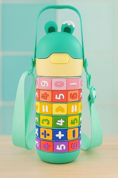 ZUZUNGA Colorful Numbers and Shapes Educational Water Bottle – Steel Water Bottle / Flask for Kids with Carrying Strap
