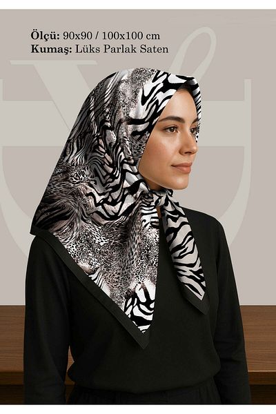 DESENİX Mixed Wild Pattern Satin Scarf |   Gray Black Background |   90X90 - 100X100Cm |   Luxury Shiny Satin
