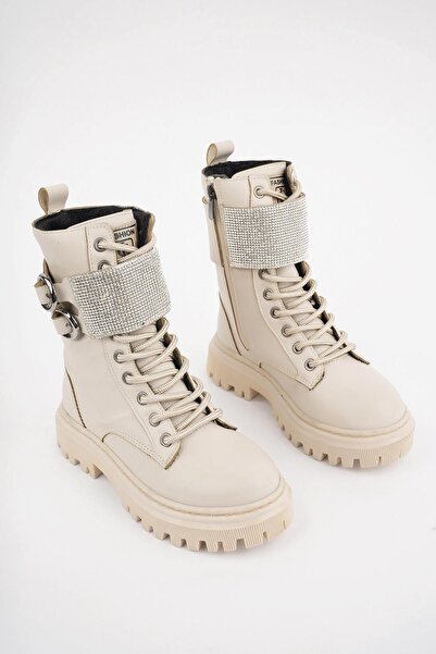 Raynok Kadın Taş Detaylı Tokalı Fermuarlı Kaymaz Taban Postal Bot Bej