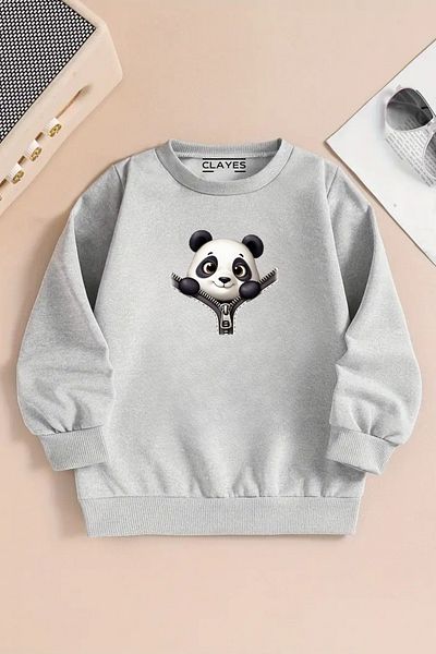 CLAYES Детска сива суитшърт с качулка – PANDA FERMUAR с принт, дебел плат с шарка