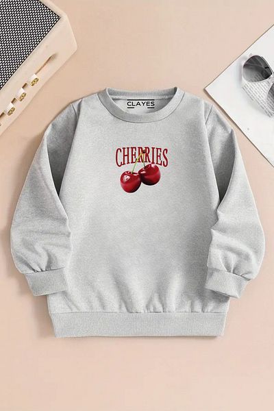 CLAYES Детска сива суитшърт с качулка – CHERRİES с принт, дебел плат с шардън