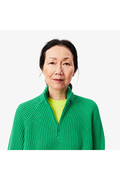 Lacoste Kadın Relaxed Fit Fermuarlı Yün Yeşil Kazak