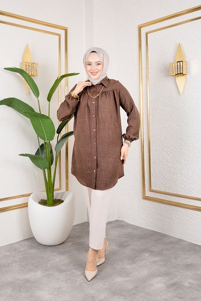 Nevayla Moda Gathered Front Tunic with Elastic Ankle - Brown / Ü104