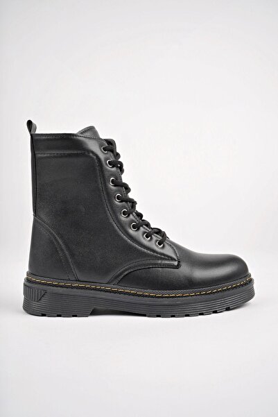 Raynok Kadın Deri Detaylı Kaymaz Taban Postal Bot Siyah