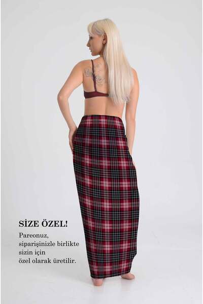 DESENİX Burgundy Scottish Plaid Pareo | Black & White Striped Pattern | 100X145Cm | Classic Style