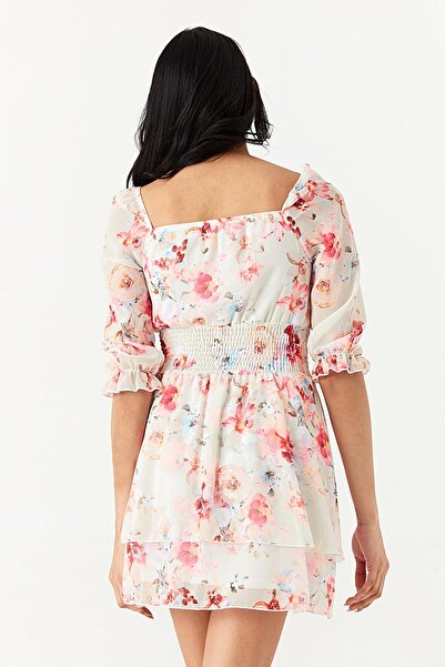 Select Moda Women's White Floral Print Square Neck Chiffon Dress