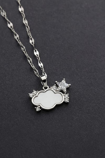 The Collection Silver Stainless Steel Women's Necklace with Cloud and Star Figures Zircon Stone