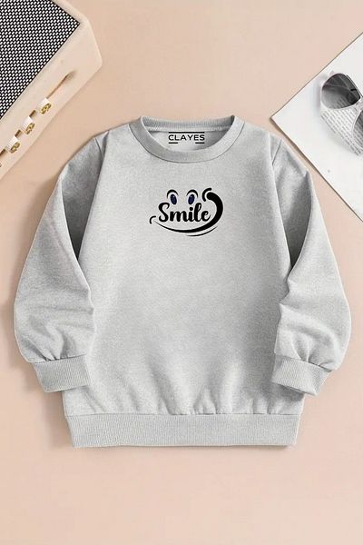 CLAYES Children's Gray Crew Neck Sweatshirt – Smile Printed, Thick Fabric with Hood