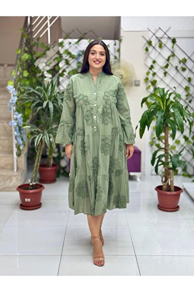 Punta Otantik PT54830 Önden Düğmeli Brodeli Hakim Yaka Coton İtalyan Elbise Haki