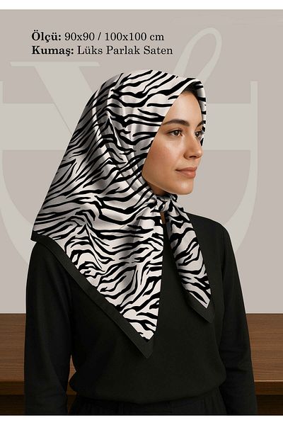 DESENİX Zebra Patterned Satin Scarf |   Cream Black Floor |   90X90 - 100X100Cm |   Luxury Shiny Satin