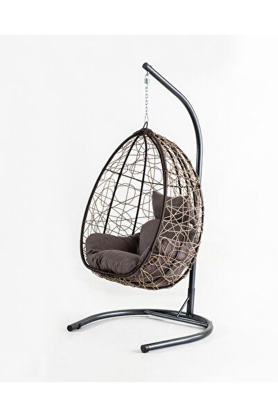 Velura Home & Living Deco Bahçe Salıncağı - Swing Açık Kahve Rattan Gri Minder