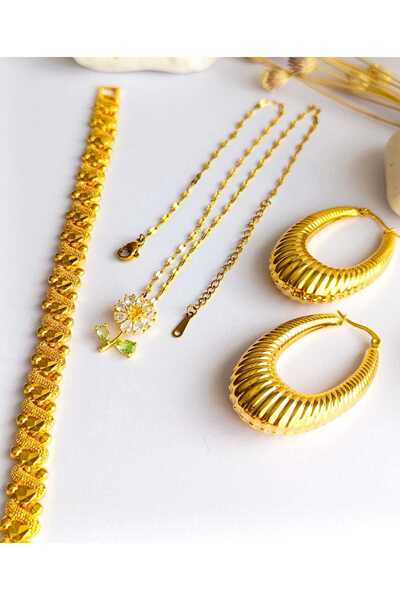 RSB Bijuteri Küpe Oval, Bileklik ve Zincirli Kolye Papatya Altın Kaplama 3'lü set 316 L Çelik