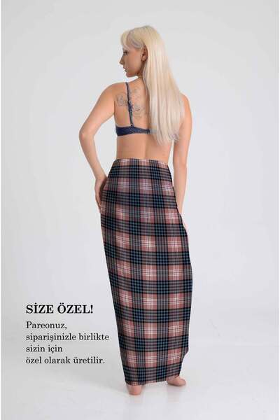 DESENİX Cold Rose & Navy Blue Plaid Pareo | Urban Elegance | 100X145Cm | Digital Printing