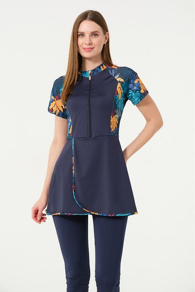 İYİBU Women's Navy Blue Tropical Pattern Short Sleeve Semi-Covered Swimsuit 4-Piece Set