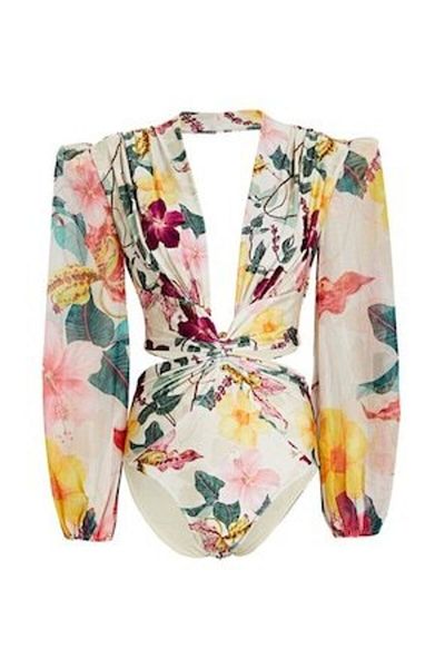 Mixbo - Swimsuit, One-Piece, Cutout, with Sleeves, Elegant Bouquet, size M