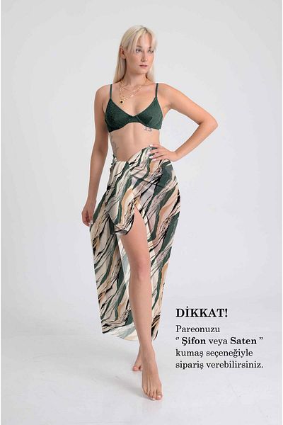 DESENİX Natural Flow Patterned Pareo |   Forest Green & Sand Tones |   100X145Cm |   Yoryo Fabric