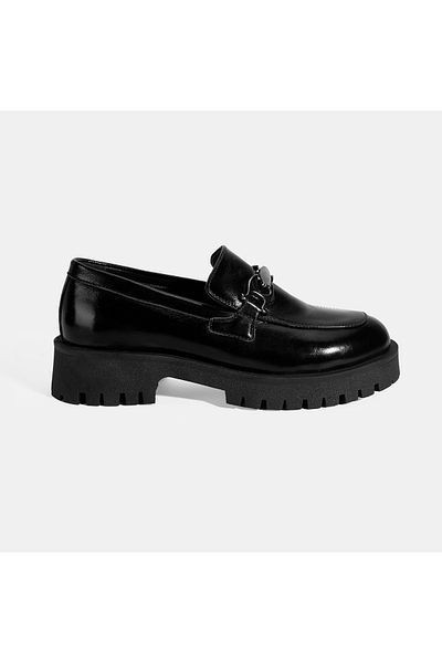 Desa Women's Black Patent Leather Loafer with Metal Accessories