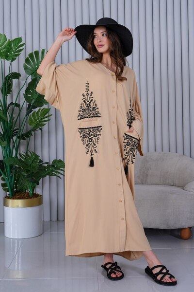 EL jadida Kadın Nakışlı Düğmeli Büyük Beden Viskon Uzun Elbise Bej