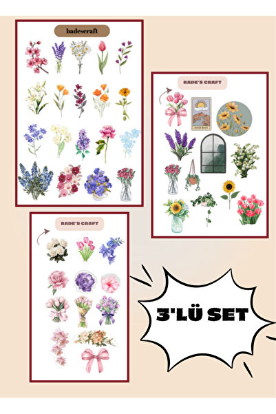 badescraft Çiçekler Temalı Sticker Set- 3'lü Çiçekler Set Sticker- Etiket- Aj...