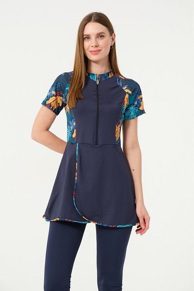 İYİBU Women's Navy Blue Tropical Pattern Short Sleeve Semi-Covered Swimsuit 4-Piece Set