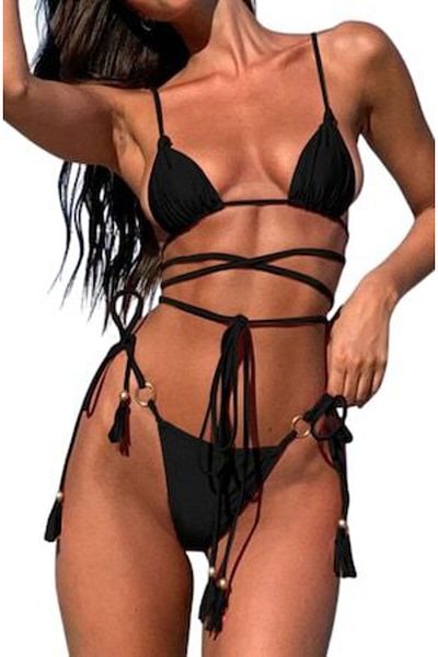 Mixbo Mixbo Swimsuit, Two Pieces, Double Drawstring, Black, size L