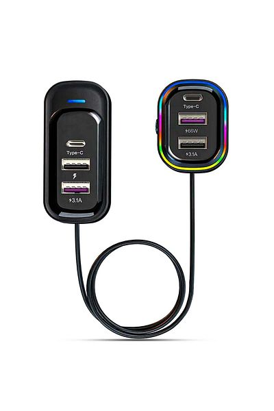 Timebox Încărcător auto 66W, încărcare super rapidă, 6 în 1, USB-C, USB, lumini LED, universal, negru