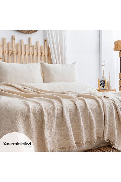 YASEMİNİNEVİ 4 Layer, 4 Sides Fringed Double Muslin Bedspread / Pique