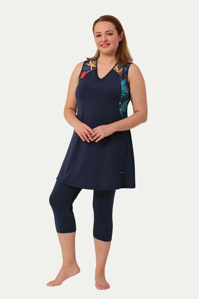 İYİBU Women's Oversized Sleeveless Semi-Covered Swimsuit Set of 2 – Tropical Pattern with Breast Pad