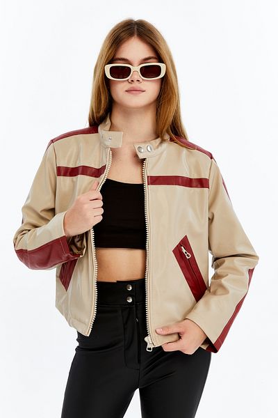 CHOS7N Jachetă din piele cu dungi pentru femei Utilizare zilnică Nișă Design original Paltoane Bomber standard cu fermoar