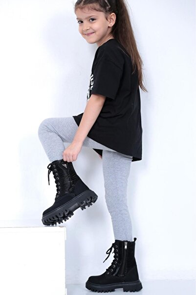 Raynok Fermuarlı Ve Bağcıklı Paraşüt Detaylı Deri Kız Çocuk Botu Siyah