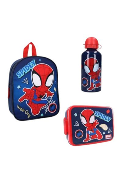 SPIDERMAN Set rucsac copii, 29x22x9 cm, sticla apa din aluminiu 500 ml si cutie sanwich 16x13x5 cm, Spidey