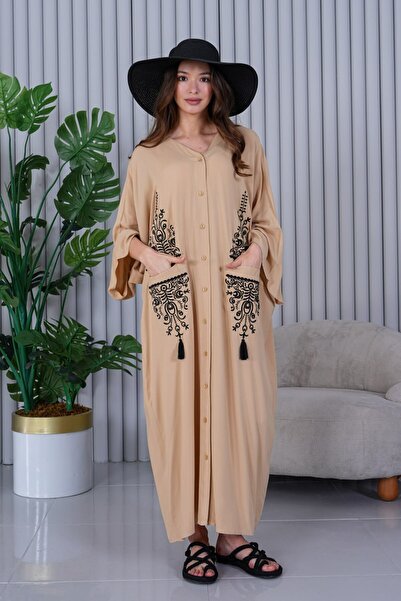EL jadida Kadın Nakışlı Düğmeli Büyük Beden Viskon Uzun Elbise Bej