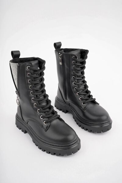 Raynok Kız Çocuk Cilt Taş Fermuar Detaylı Fermuarlı Kaymaz Taban Postal Bot Siyah