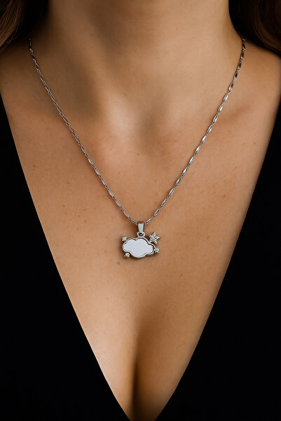 The Collection Silver Stainless Steel Women's Necklace with Cloud and Star Figures Zircon Stone
