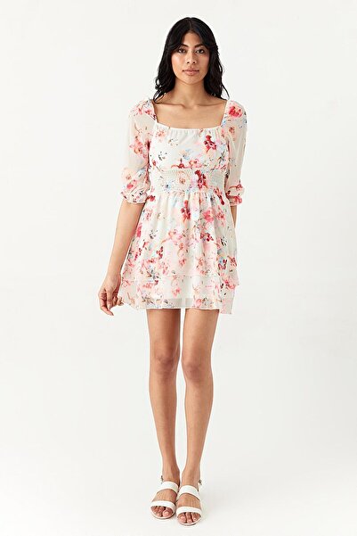 Select Moda Women's White Floral Print Square Neck Chiffon Dress