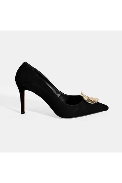 Desa Women's Black Gold Buckle Detailed Suede Heeled Shoes