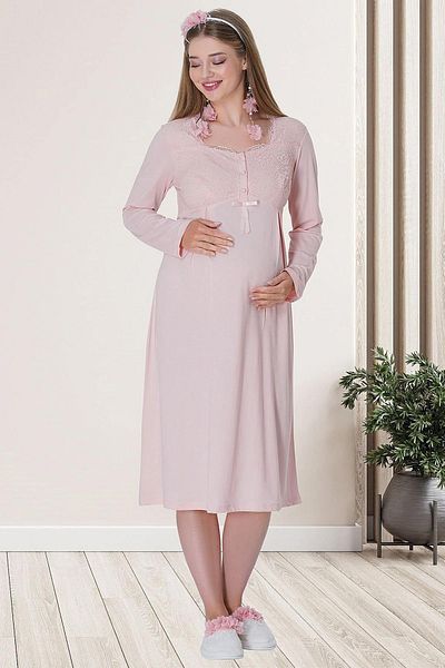 Mavelle Women's Powder Lace Detailed Pregnant Maternity Dressing Gown Nightgown Set 5715