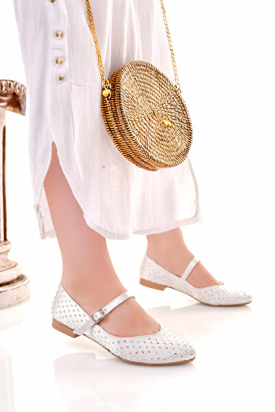 Genel Markalar Taşlı Şık Ortapedik Hafif Taban Kadın Babet Gümüş