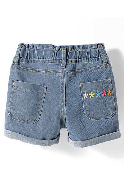 Babyhug Mid Thigh Denim Washed Shorts With Stretch Floral Applique - Blue
