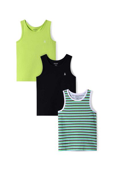 Pine kids Pine Kids Cotton Lycra Knit Sleeveless Vests with Stripes & Logo Print Pack of 3 - Black/Green
