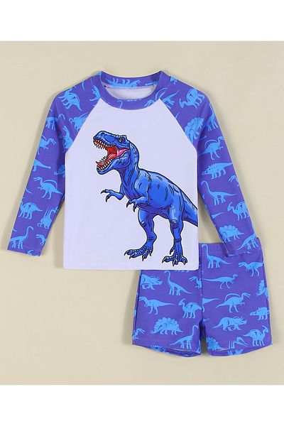 SAPS Dinosaur Printed Swim T-Shirt and Shorts Set - Blue