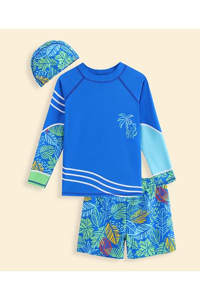 SAPS Leaf Printed Two Piece Swimsuit with Cap - Blue