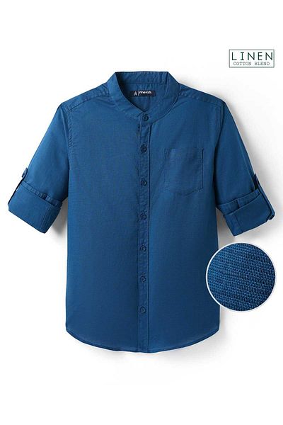Pine kids Pine Kids Linen Woven Full Sleeves Solid Colour Shirt With Mandarin Collar - Blue