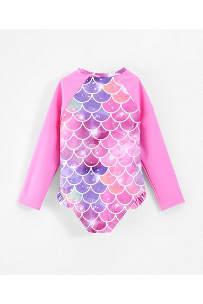 SAPS Scales Printed Quick Drying Frilled Full Sleeves V Cut Swimsuit - Pink