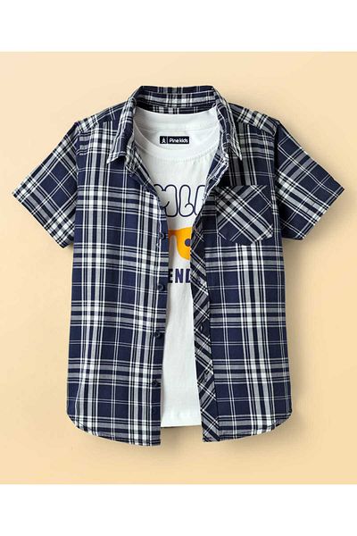 Pine kids Pine Kids Cotton Woven Half Sleeves Checkered Shirt with Gaming Printed T-Shirt - Navy Blue