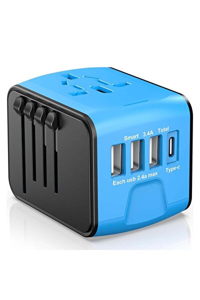 Timebox Universal travel charger adapter, 4 x USB, 1 x Type-C for US, UK, EU, Australia, Asia, Blue
