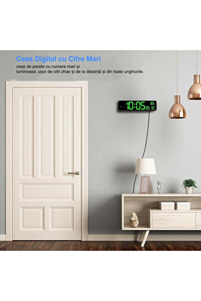 VTM Ceas Digital Verde cu LED, Cronometru, Timer, Alarmă, Snooze, Temperatura, 26x6cm